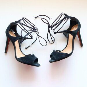 Schutz Black Suede Ankle Tie Lace Up Peep Toe Heels / Pumps / Sandals / Shoes